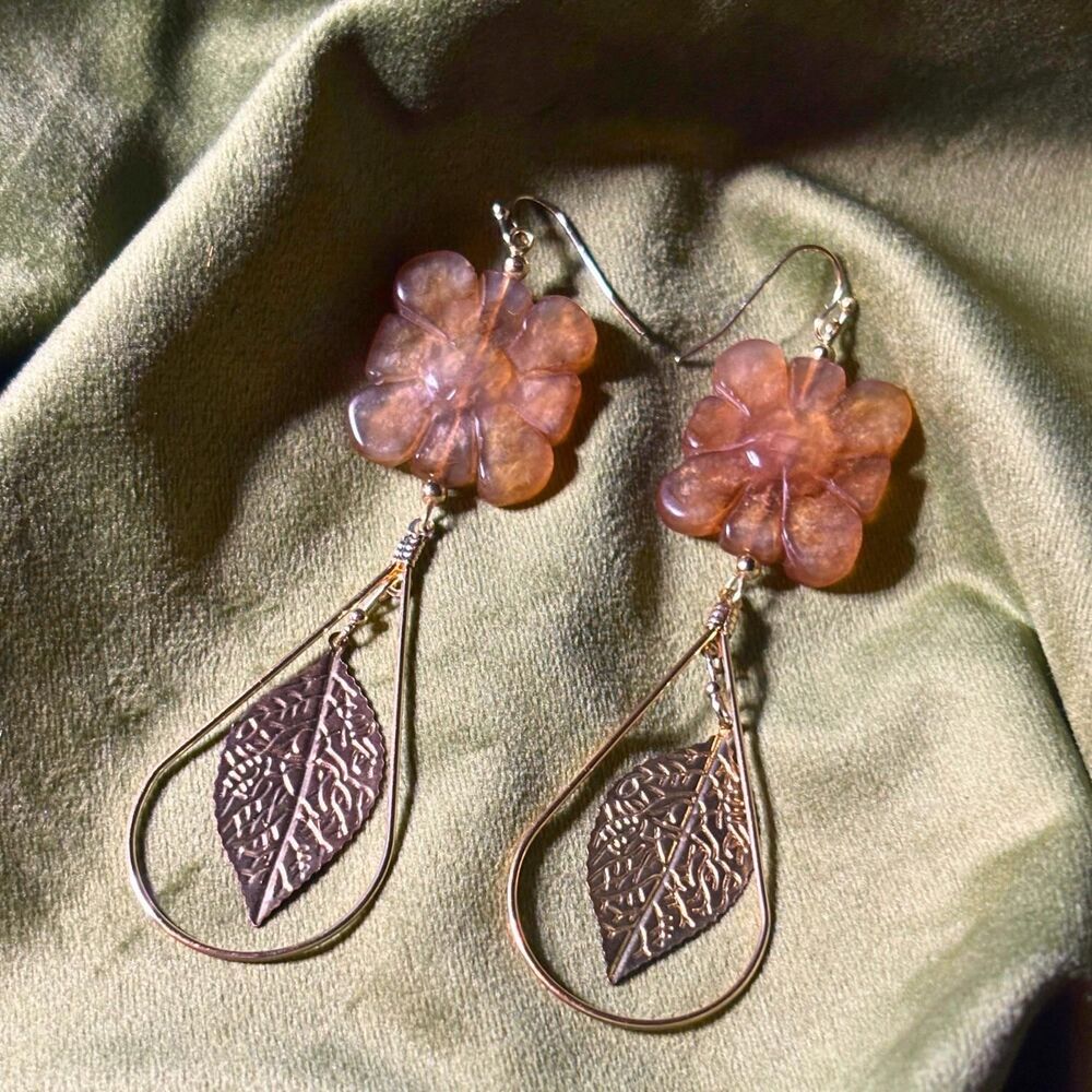 Handmade Vintage Carved Carnelian Flower Earrings with Gold-Tone Hoop Leaves